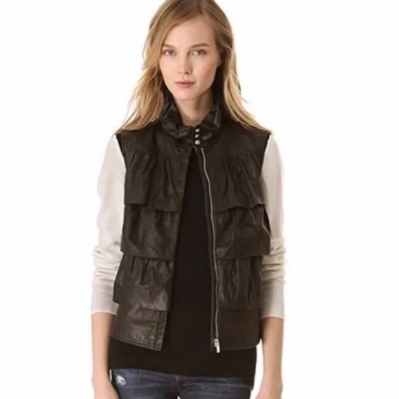 DVF DIANE von FURSTENBERG Genuine Leather Black Cupcake Bomber Vest Ruff… - Picture 4 of 9